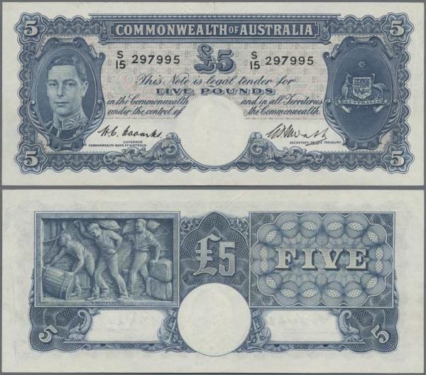 Australia: Commonwealth Bank of Australia 5 Pounds ND(1939-52) with signatures: ...