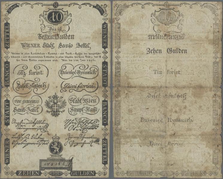 Austria: Wiener Stadt-Banco-Zettel10 Gulden 1806, P.A39, small border tears, tin...
