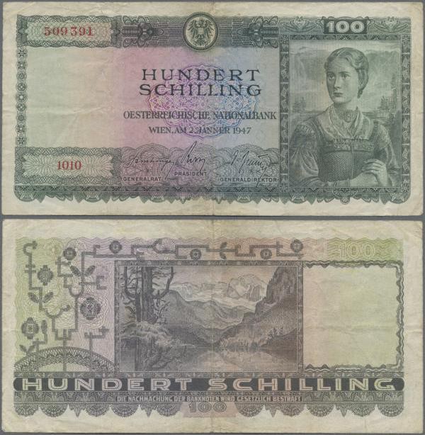 Austria: 100 Schilling 1947, P.124, lightly stained paper with tiny border tears...