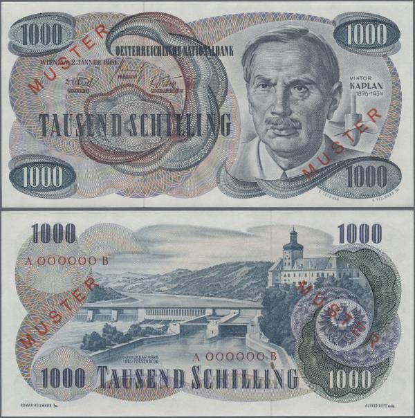Austria: Österreichische Nationalbank 1000 Schilling 1961 MUSTER, P.140s, so cal...