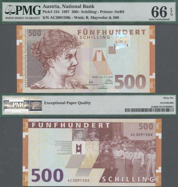 Austria: Oesterreichische Nationalbank 500 Schilling 1997 with portrait of Rosa ...