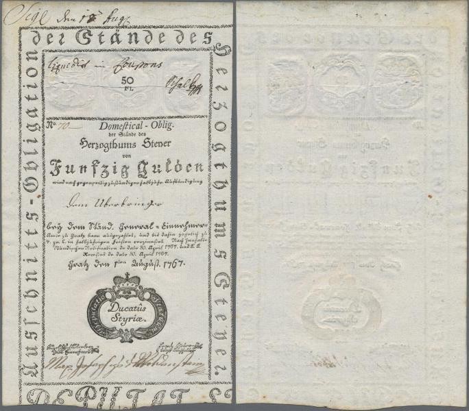 Austria: Austria - Steyermark 50 Gulden 1767 Domestical Obligation, P.NL (Richte...