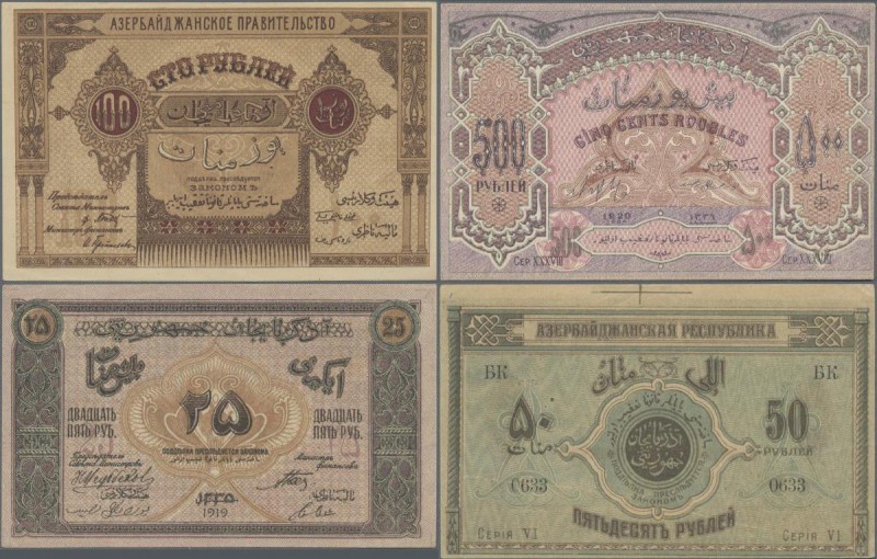Azerbaijan: Set with 4 banknotes 25, 50, 100 and 500 Rubles 1919, P.1, 2, 7, 9 i...