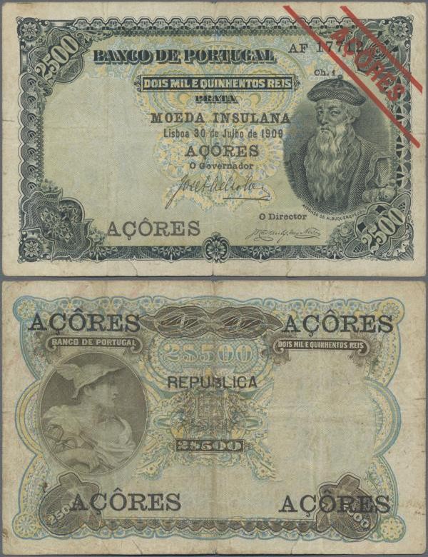 Azores: Banco de Portugal with overprint ”AZORES” 2500 Reis 1909, P.8b, still ni...