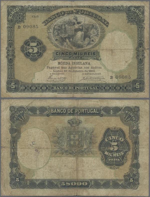 Azores: Banco de Portugal with Overprint ”MOEDA INSULANA” on PORTUGAL #83, 5 Mil...
