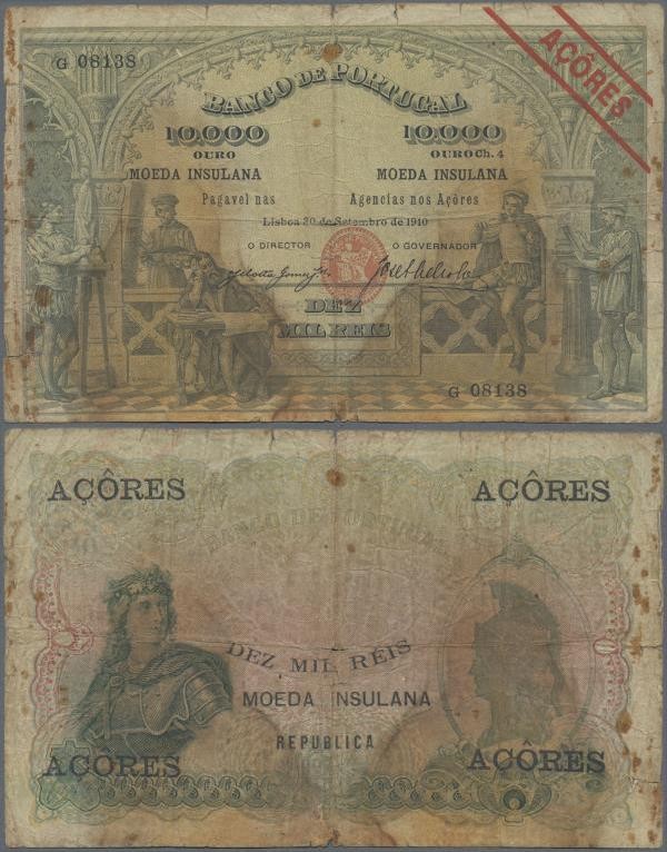 Azores: Banco de Portugal 10 Mil Reis 1910 with overprint ”AZORES”, P.12, highly...