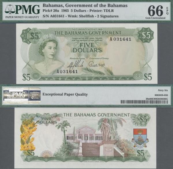 Bahamas: The Bahamas Government 5 Dollars L.1965, P.20a in perfect condition and...