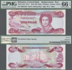 Bahamas: The Central Bank of the Bahamas 3 Dollars L.1974 (ND 1984) replacement note with serial letter ”Z”, P.44ar, PMG graded 66 Gem Uncirculated EP...