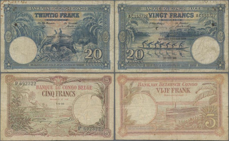 Belgian Congo: 5 Francs 1930 P.8e (F) and 20 Francs 1948 P.15f (F-). (2 pcs.)
 ...
