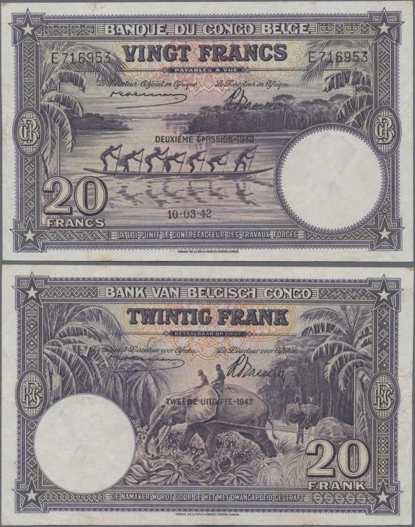 Belgian Congo: Banque du Congo Belge 20 Francs 1942, P.15A, great original shape...