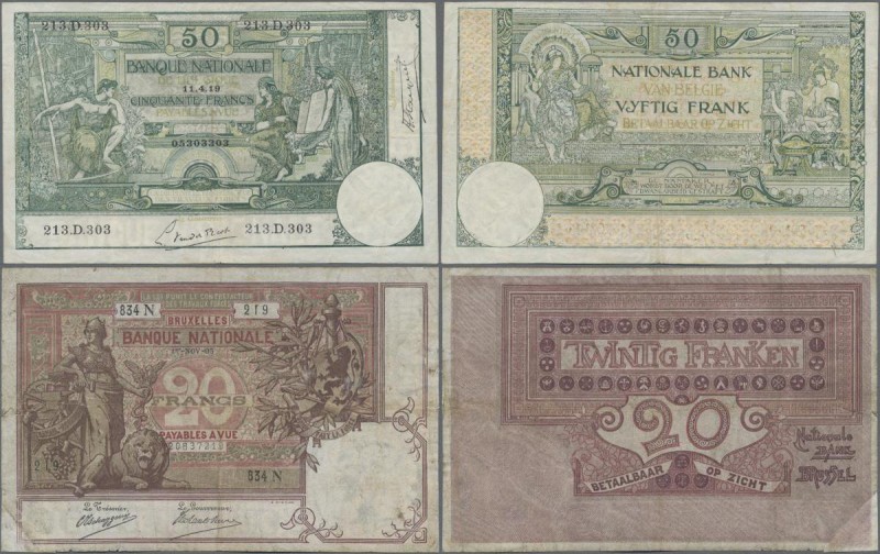 Belgium: Pair with 20 Francs 1905 P.62d (F/F-) and 50 Francs 1919 P.68b (VF). (2...