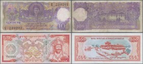 Bhutan: Nice pair with 10 Ngultrum ND(1974) P.3 (F) and 500 Ngultrum ND(1994) P.21 (UNC). (2 pcs.)
 [differenzbesteuert]