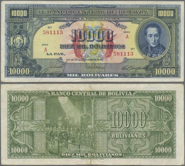 Bolivia: 10.000 Bolivares 1945, P.146, lightly stained paper with a few folds. C...