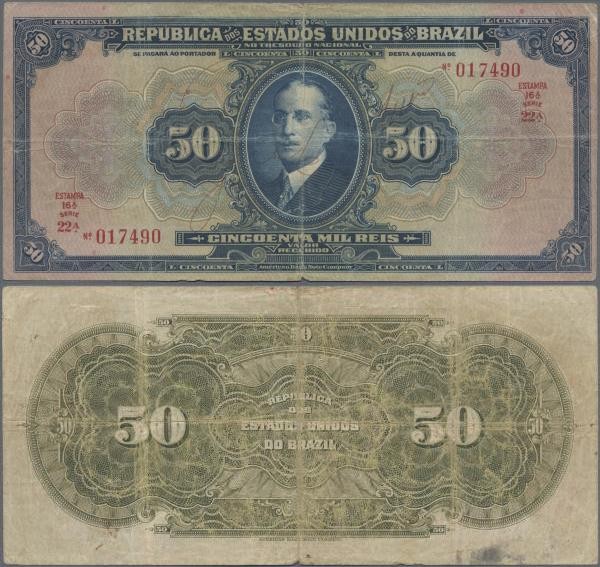 Brazil: República dos Estados Unidos do Brasil 50 Mil Reis ND(1915), P.58, small...