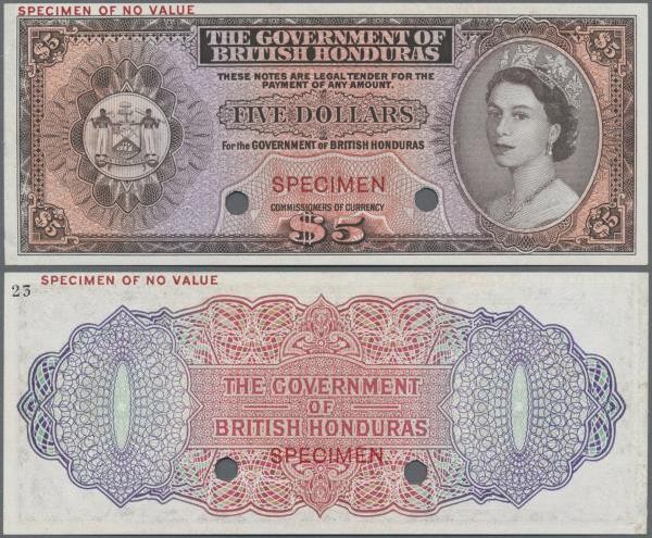 British Honduras: The Government of British Honduras 5 Dollars 1953-73 color tri...