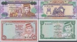 Brunei: Very nice set with 5 and 10 Ringgit 1986 P.7b, 8b and 25 Ringgit 1992 commemorating 25th Anniversary of Sultan Hassan al-Bolkiah I Accession t...