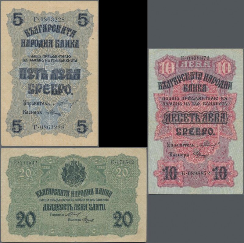 Bulgaria: Lot with 3 banknotes of the ND(1916) issue comprising 5 Leva Srebro P....