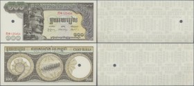 Cambodia: Banque Nationale du Cambodge proof print of front and reverse of the 100 Riels ND(1957-75), P.8as, both with punch hole cancellation, red se...