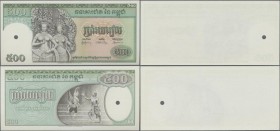 Cambodia: Banque Nationale du Cambodge intaglio printed uniface proof of front and reverse of the 500 Riels ND(1958-70), P.9p, both with cancellation ...