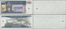 Cambodia: Banque Nationale du Cambodge proof print of front and reverse of the 100 Riels ND(1963-72), P.12bs, both with punch hole cancellation, red o...