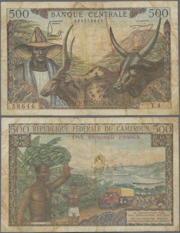 Cameroon: 500 Francs ND(1962), P.11, stained paper with small tear at upper marg...