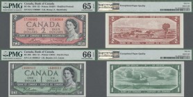 Canada: Bank of Canada pair with 1 Dollar 1954 ”Devil's Face” P.29b PMG 66 Gem Uncirculated EPQ and 2 Dollars modified portrait 1954 P.38c PMG 65 Gem ...