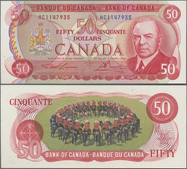 Canada: Bank of Canada 50 Dollars 1975 with red signature Lawson & Bouey, P.90a ...