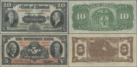Canada: The Dominion Bank 5 Dollars 1938 P.S561 (VF) and The Bank of Montreal 10 Dollars 1938 P.S562b (F+). Nice and rare set. (2 pcs.)
 [differenzbe...