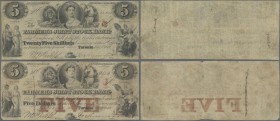Canada: The Farmers Joint Stock Bank in Toronto, pair with 25 Shillings and 5 Dollars 1849, P.NL, still nice with small graffiti on back and lightly t...