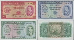 Cape Verde: Banco Nacional Ultramarino small lot with 20 and 50 Escudos 1972 and 100 Escudos 1958 P.52a, 53a, 49a, all in perfect uncirculated conditi...