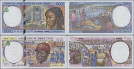 Central African Republic: Pair with 5000 and 10.000 Francs of the Banque des États de l'Afrique Centrale issue 1999, both with code letter ”F”, P.304f...