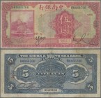China: China and South Sea Bank 5 Yuan 1927, with red color on front, blue color on back and place of issue: SHANGHAI, P.A127b, still nice with a smal...