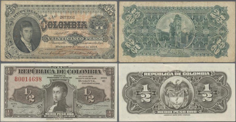 Colombia: Republica de Colombia pair with 25 Pesos 1904 P.313 (F/F+) and 1/2 Pes...