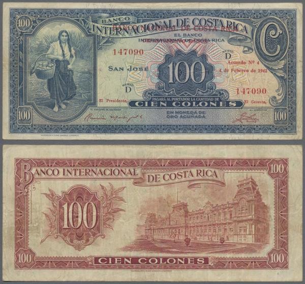 Costa Rica: Banco Nacional de Costa Rica 100 Colones 1942 overprint on Costa Ric...