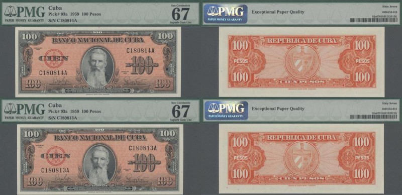 Cuba: Banco Nacional de Cuba pair of 100 Pesos 1959, P.93a with consecutive seri...