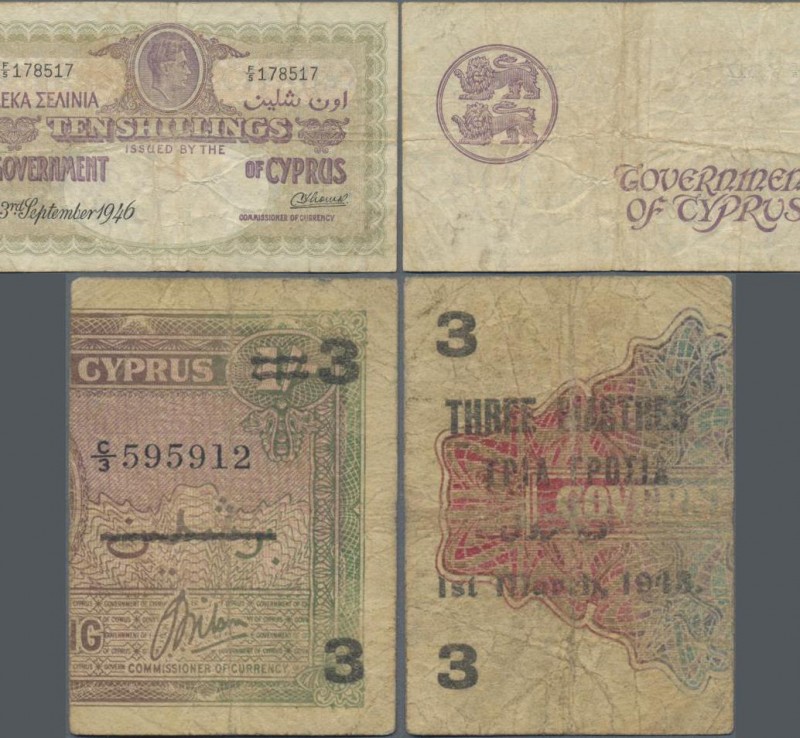 Cyprus: Very interesting pair with 10 Shillings 1946 P.23 (F, tiny pinholes) and...