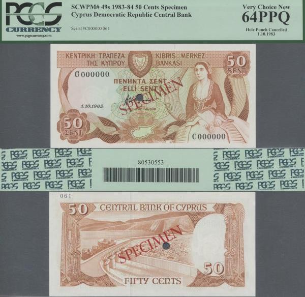 Cyprus: Central Bank of Cyprus 500 Mils October 1st 1983 SPECIMEN, P.49s with re...