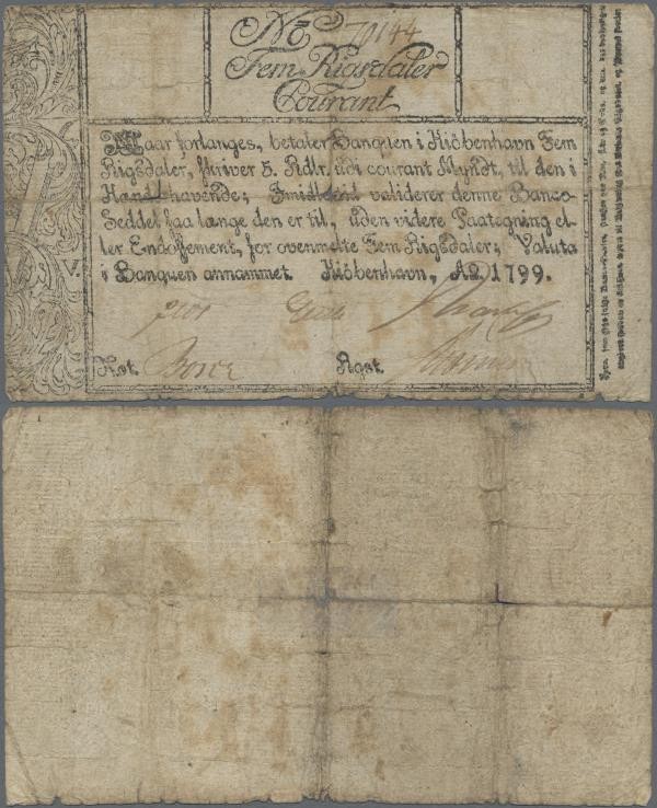 Denmark: 5 Rigsdaler Courant 1799, P.A29b, great condition for the age of the no...