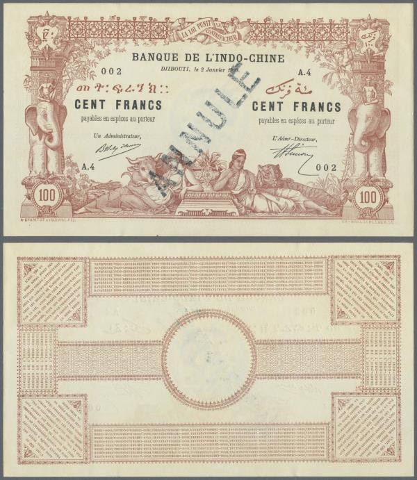 Djibouti: 100 Francs 1920 Banque de l'Indochine with stamp ”Annule” P. 5(s), hig...