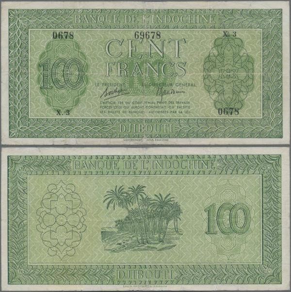 Djibouti: Banque de l'Indochine 100 Francs ND(1945), P.16, several folds, tiny p...