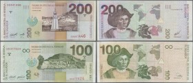 El Salvador: Pair with 100 Colones 1997 P.151a (F+) and 200 Colones 1998 P.152a (F with small tear). (2 pcs.)
 [differenzbesteuert]