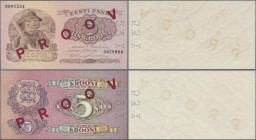 Estonia: Pair with uniface front and reverse SPECIMEN proof for the 5 Krooni 1929, P.62s with red overprint ”Proov” and black serial number 0001234 an...