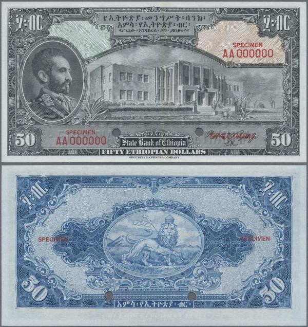 Ethiopia: The State Bank of Ethiopia 50 Dollars ND(1945) SPECIMEN with signature...