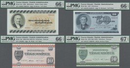 Faeroe Islands: Lot with 4 banknotes containing 10 Kronur ND(1970-72) P.15d PMG 66 EPQ, 10 Kronur ND(1978) P.18a PMG 67 EPQ, 50 Kronur 1987 P.20c PMG ...