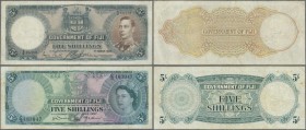 Fiji: set of 2 banknotes containing 5 Shillings 1938 P. 37a, first issue date, portrait KGVI, used with folds and creases, light stain in paper, press...