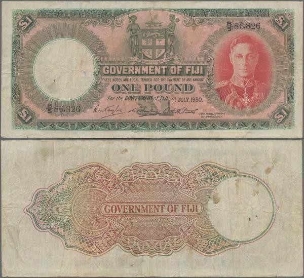 Fiji: Government of Fiji 1 Pound 1950, P.40e, still nice with tiny pinholes ans ...