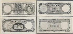 Fiji: Government of Fiji, set with 4 photographic proofs including front and reverse of the 1 Pound 1954 P.53 for type and the reverse of the 5 and th...