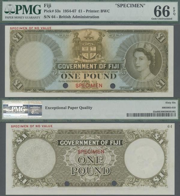 Fiji: Government of Fiji 1 Pound 1954-67 SPECIMEN, P.53s, red overprint ”Specime...