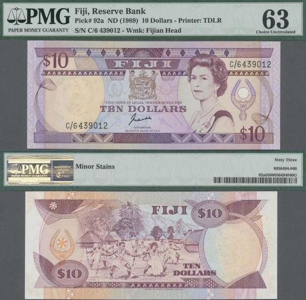 Fiji: Reserve Bank of Fiji, 10 Dollars ND(1989), P.92a, almost perfect with a fe...
