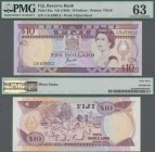 Fiji: Reserve Bank of Fiji, 10 Dollars ND(1989), P.92a, almost perfect with a few minor stains, PMG graded 63 Choice Uncirculated.
 [differenzbesteue...